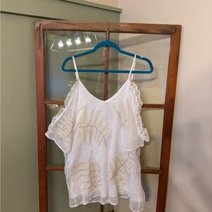 Gimmicks by BKE White and Cream Blouse with Feather Embroidery - Size Medium